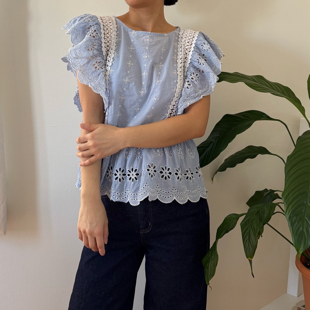 Jennifer & Grace 100% Cotton Eyelet Lace Trim Light Blue Babydoll Blouse Size M - Picture 8 of 12